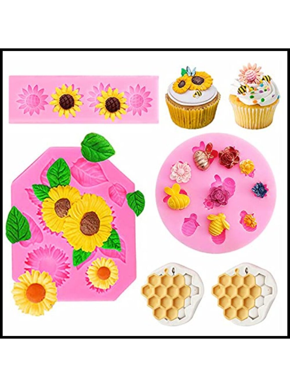 5Pc Silicone Honeycomb Sunflower Bee Fondant Molds Candy Chocolate Baking